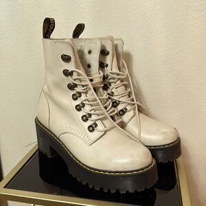 Dr. Martens Cream Lace-Up Platform Combat Boots with Yellow Welt Stitching